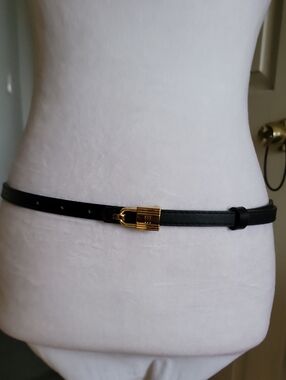 Vegan Black Slim Belt with Gold Padlock Accent